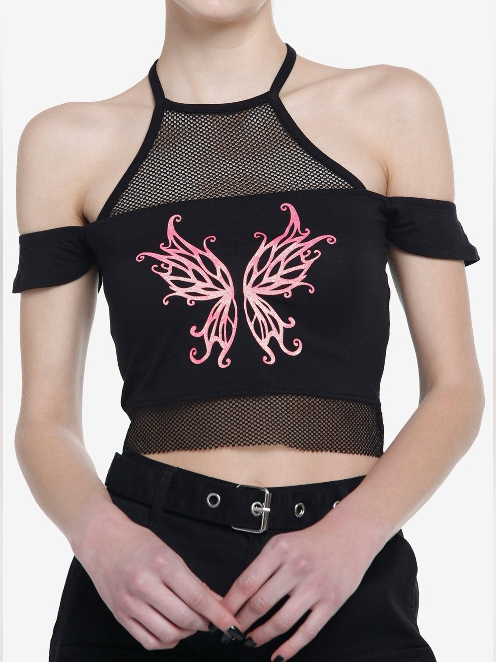 Hot Topic Social Collision Pink Glitter Fairy Wings Halter Tank Top in Black.